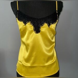 Vintage Satin Camisole Yellow Top Black Lace Trim